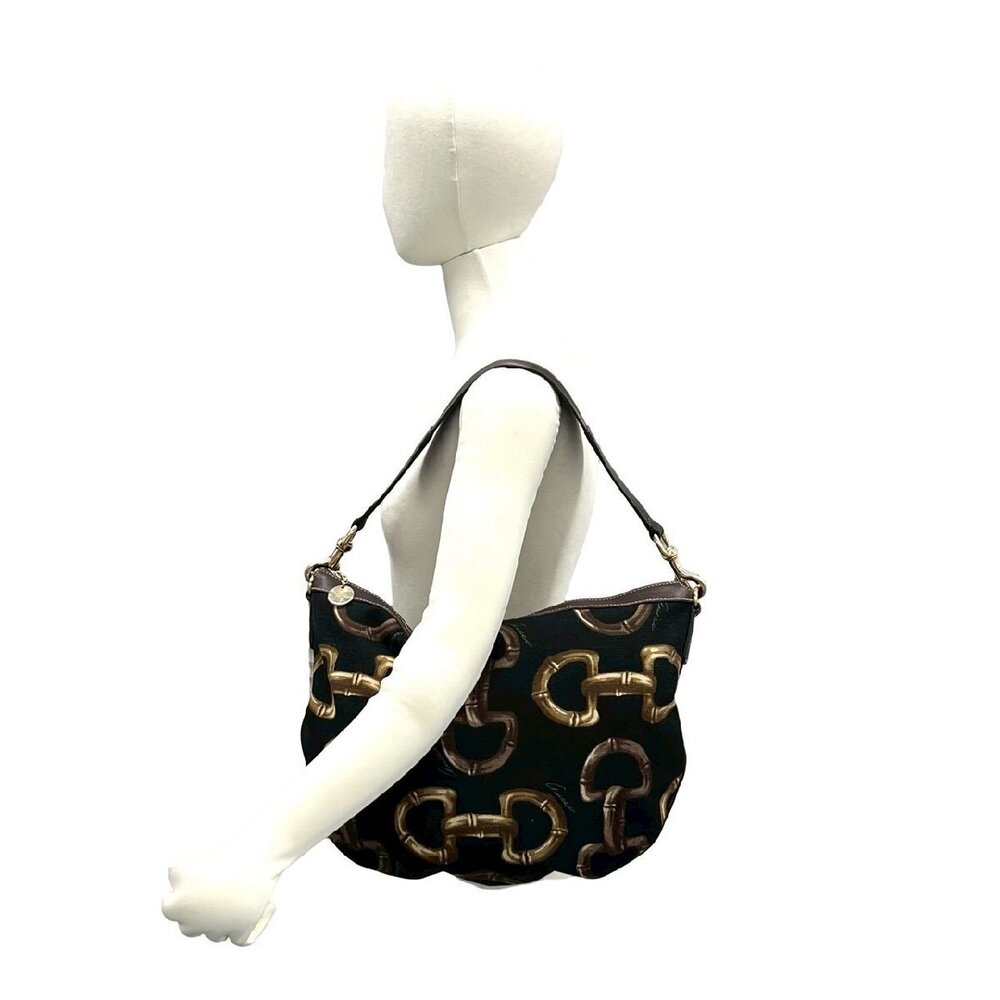 GUCCI Horsebit canvas leather shoulder bag handbag tote black - Picture 4 of 10
